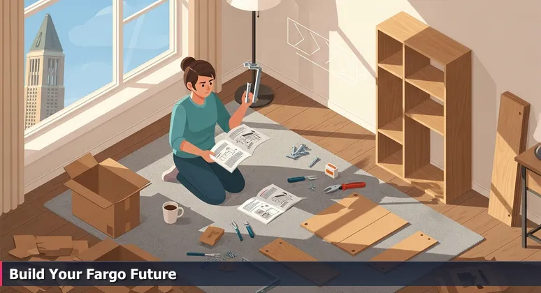 A person in a sunny Fargo apartment comparing furniture parts to a manual, with NDSU bell tower visible through the window.