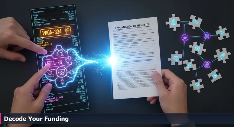 A close-up of hands holding a medical bill with tech funding codes like WIOA and PELL, being translated into clear text on a benefits sheet, symbolizing funding clarity for Fargo tech training.