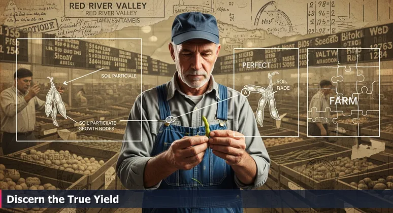 A farmer in Fargo's Red River Valley examines a soybean pod at a produce auction, symbolizing the careful evaluation of AI salaries beyond surface numbers.