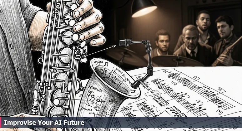 Close-up of a jazz saxophonist's hands on the keys in a dimly-lit club, with blurred background of other musicians, symbolizing collaborative AI learning in Fargo's community.