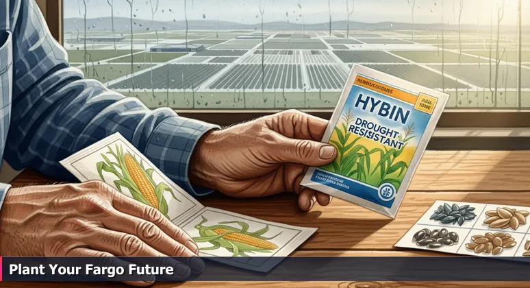 A farmer's weathered hands holding two seed packets on a worn wooden table, with a modern farm visible through a window, symbolizing career choices in Fargo's tech market.