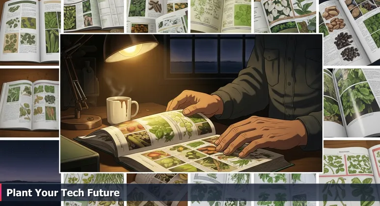 Farmer's weathered hands holding a seed catalog in a workshop, symbolizing careful career planning for AI bootcamps in Fargo, North Dakota.