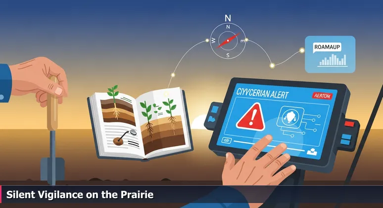 A farmer's hands holding a soil probe and a combine harvester dashboard displaying a cybersecurity alert, symbolizing Fargo's blend of agriculture and digital security threats.