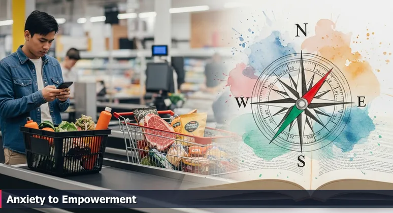 Tech professional in Fargo grocery store using phone calculator to budget essentials at checkout.