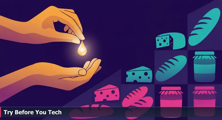 A hand at a vibrant Fargo farmers market holding a free sample, symbolizing low-risk tech skill sampling available at local libraries and community centers