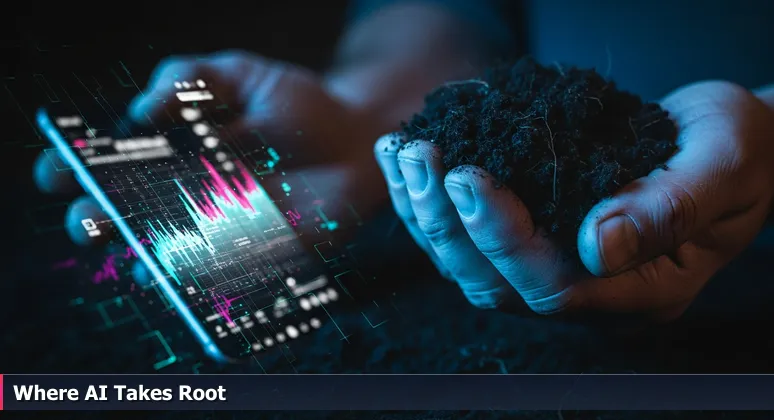 A farmer's hand holding fertile Red River Valley soil with a smartphone screen showing AI data visualizations for crop yields in the background.