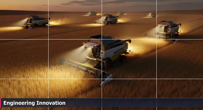 A combine harvester harvesting golden wheat at dusk in Fargo's Red River Valley, symbolizing tech spaces as innovation harvesters.