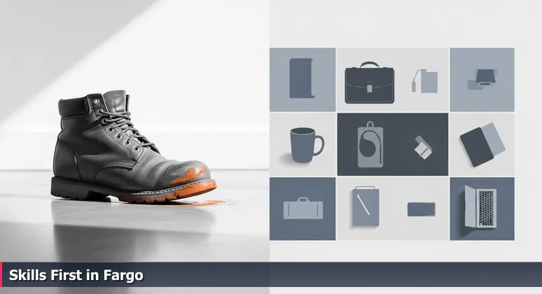 Scuffed work boots with Red River Valley clay on a polished concrete floor in a modern office lobby, symbolizing practical skills for tech careers in Fargo, ND.