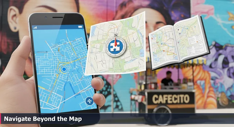 A hand holding a smartphone with a blurry map on screen, while Miami's vibrant Wynwood murals and a cafecito cart are sharp in the background.