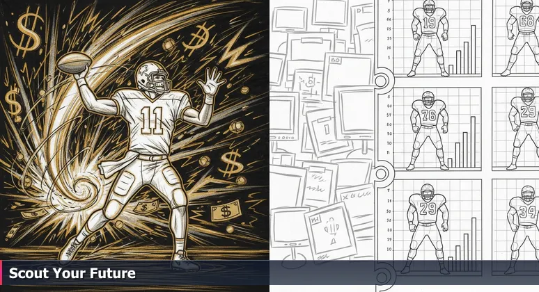 NFL draft war room with screens showing player highlights and analytics, representing high-stakes tech job decisions in Miami's competitive market.