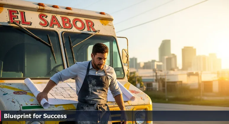 Close-up of the El Sabor food truck in Miami with blueprints on the hood, symbolizing the tech ecosystem's growth from transient to permanent, with a sunset over the downtown skyline.