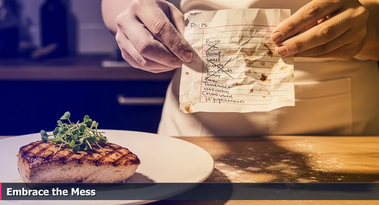A close-up of a beautifully plated dish with a hand holding a stained and edited recipe card, symbolizing adaptation in AI engineering for Miami's tech scene.