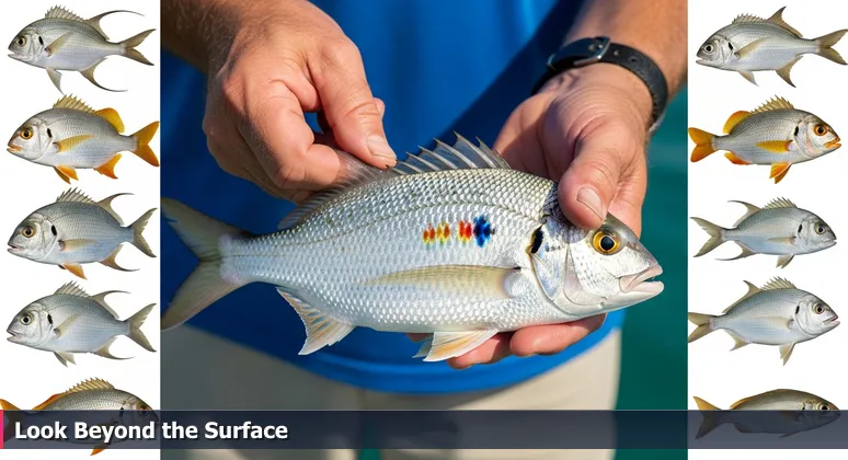 A Florida Keys fishing captain's weathered hands holding a fish with hidden vibrant markings, symbolizing the discernment needed to identify valuable AI startups in Miami.