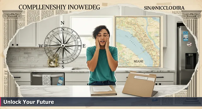 A relieved person in a modern Miami kitchen holds a folder labeled 'Grant Assistance', symbolizing the discovery of funding for tech training.
