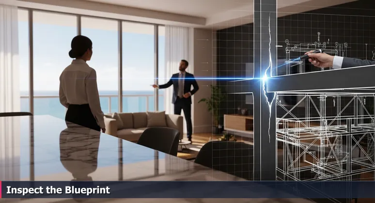 A professional in a luxurious Miami condo admiring ocean views, unaware of an engineer inspecting a foundation crack, symbolizing deeper salary analysis.