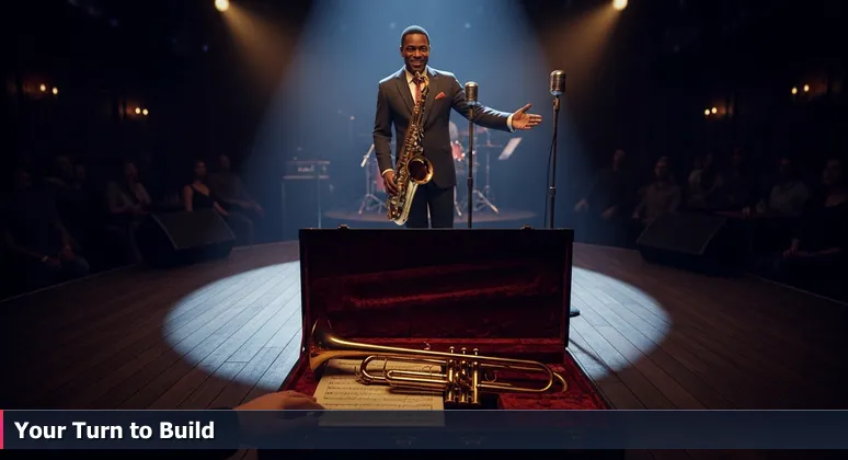 A bandleader in a Miami jazz club gestures to an audience member holding a trumpet case, symbolizing the invitation to join AI networking events and build community.
