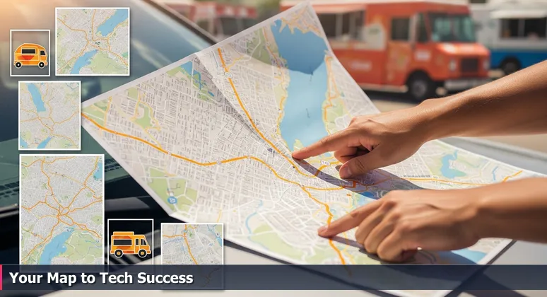 Hands holding a stained paper map of Miami on a car hood, tracing a route with a finger, with vibrant food truck lights blurred in the background.