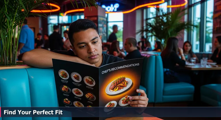 A thoughtful person in a vibrant Miami restaurant, holding a menu to symbolize choosing the right AI bootcamp for career advancement.