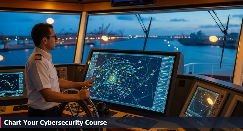 A ship captain on the bridge at PortMiami at dusk, pointing to a radar screen with blips, symbolizing the complex cybersecurity job opportunities in Miami for 2026.