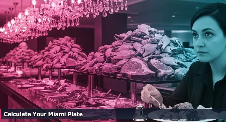 A diner at an opulent Miami buffet, plate heaped with food, eyes fixed on the price sign, representing the dilemma of affording tech life in 2026.