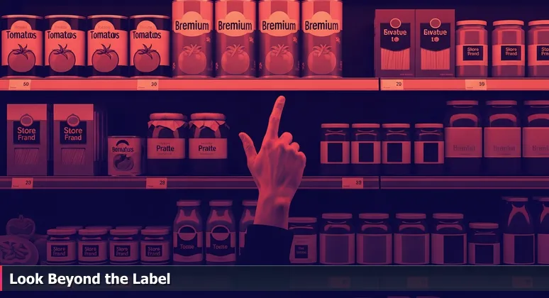 A person's hand reaching towards two cans on a supermarket shelf, one branded with a high price, the other a simple store-brand can, symbolizing the choice between expensive and free tech training.