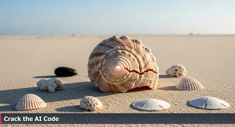 A sun-bleached conch shell with a crack revealing its intricate spiral interior, lying on Miami beach sand, symbolizing hidden AI career opportunities in the city's foundational industries.