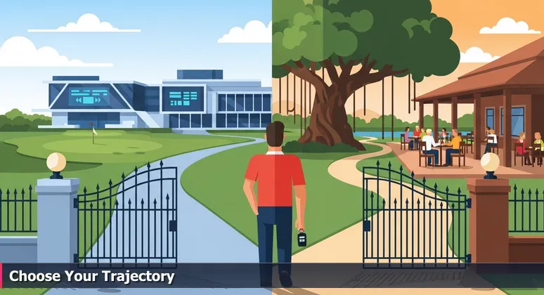 A person at a country club gate choosing between a sleek modern fairway and a rustic community patio, symbolizing Miami tech workspace options for startups.