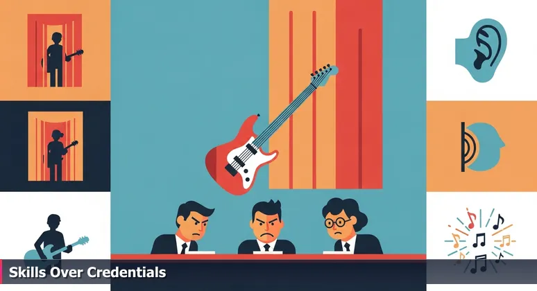 A guitarist performs behind a curtain as Miami tech executives listen intently, symbolizing blind auditions for skills-based hiring in the local job market.