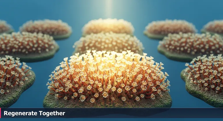 Close-up of a coral reef near Miami Beach showing new polyps regenerating from a fragmented piece, symbolizing community resilience.