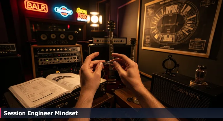 Close-up of a session guitarist's hands on a fretboard in a Nashville recording studio, symbolizing applied AI skills and contextual mastery.