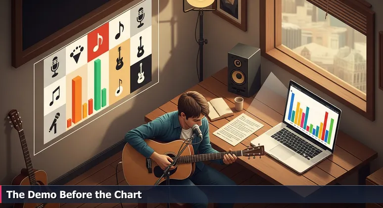 A songwriter in a Nashville recording studio playing an acoustic guitar, with a laptop displaying a music chart and handwritten lyrics on a wooden desk.