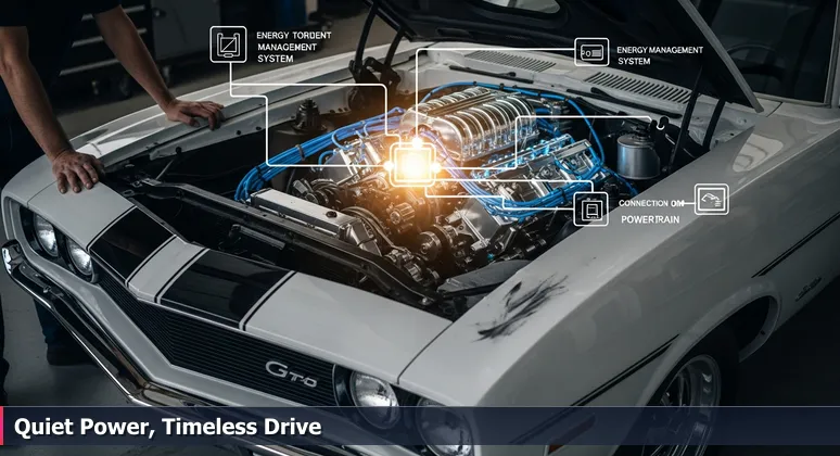 A restored 1970s muscle car in a Nashville garage, hood open to reveal a modern electric powertrain and computer system, symbolizing the city's tech transformation.