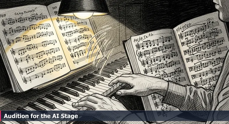 Close-up of musician's hands on piano keys with sheet music and a notebook scribbled 'FEEL HERE', symbolizing the transition from AI theory to practical application in Nashville industries.