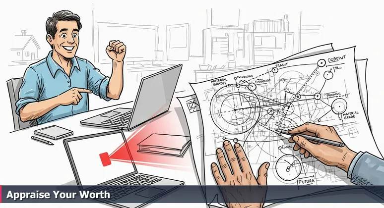 Visual metaphor: a homeowner points to a simple AI salary estimate on a laptop, while an appraiser sketches a layered diagram with Nashville-specific factors like specialization and tax benefits.