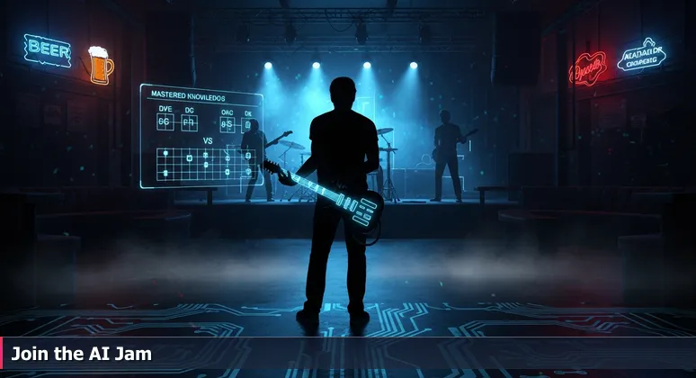 A hesitant musician in a Nashville honky-tonk about to join a vibrant bluegrass jam session, symbolizing AI networking opportunities in 2026.