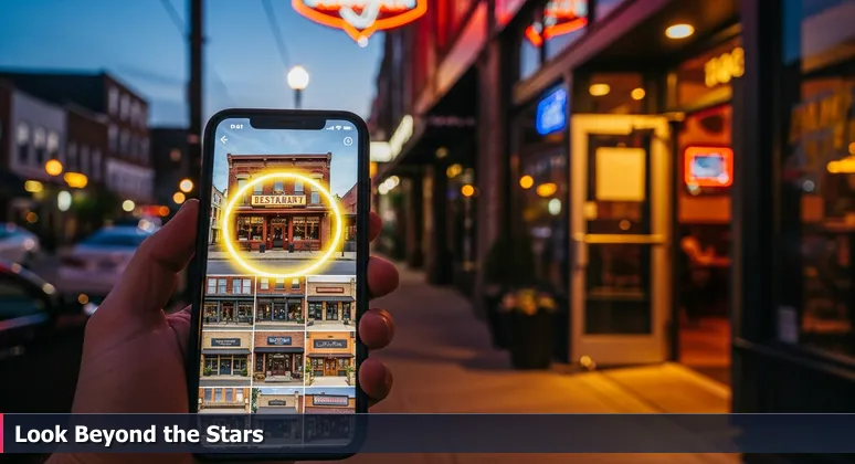 A person on a vibrant Nashville street at dusk, smartphone in hand displaying restaurant reviews, with a warm glow from a hidden restaurant doorway in the background.
