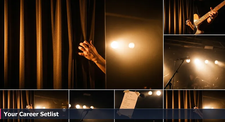 A musician's hand poised on a guitar behind a stage curtain, with a blurred handwritten setlist and warm stage lights, symbolizing the anticipation of launching a tech career in Nashville.