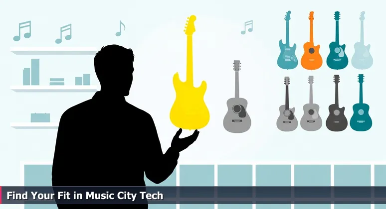 A person in a Nashville guitar shop contemplates choosing from a wall of ten guitars, each labeled as a top pick AI bootcamp, symbolizing the decision process for tech education.