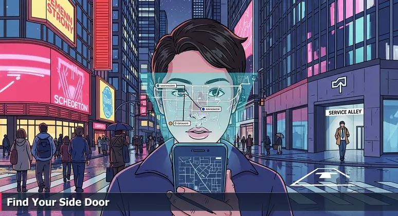 A tourist on Broadway in Nashville stares at a smartphone showing a generic cybersecurity job map, while a local walks confidently toward a corporate building's side entrance, symbolizing insider access to careers.