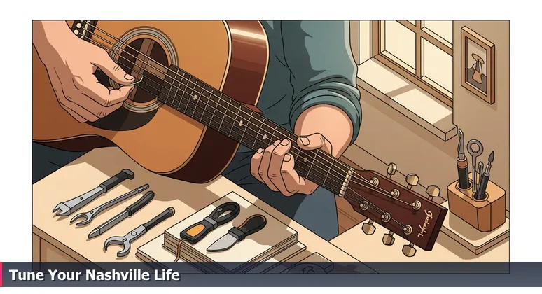 A musician's hands tuning a guitar string, symbolizing the precise balance of tech salaries and cost of living in Nashville for 2026.