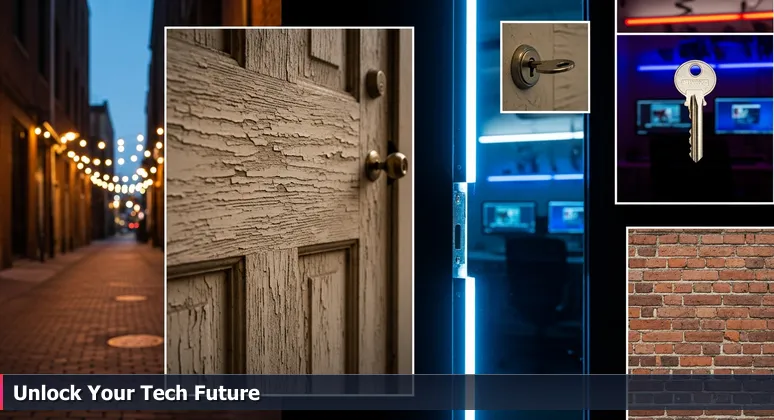 A weathered wooden door in a Nashville alley with a brass key in the lock, revealing light and computer screens inside.