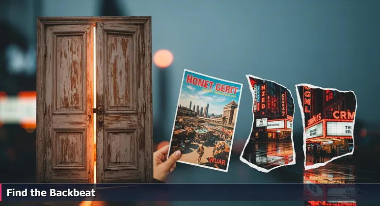 A close-up of a hand holding a Broadway brochure in Nashville, with blurred neon signs and a focused unmarked door emitting musical sound waves.