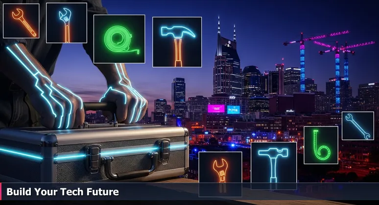 Close-up of weathered hands gripping a toolbox on a wooden beam at a construction site, with Nashville's skyline and cranes in the background.