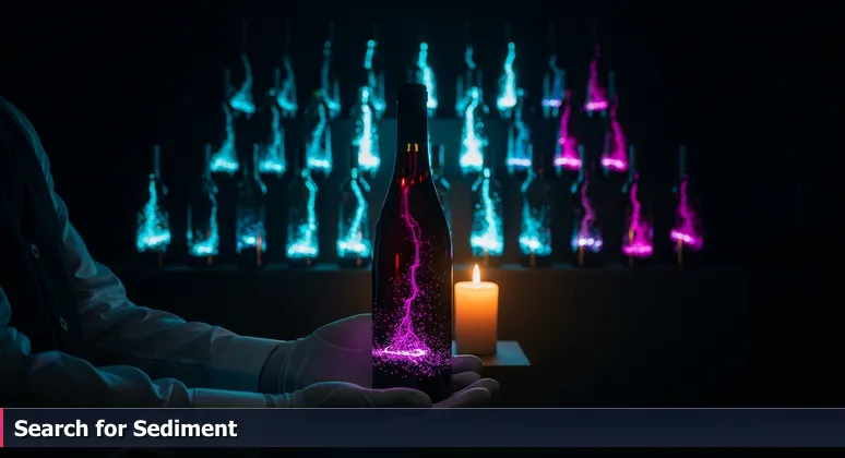 Sommelier in a wine cellar holding a bottle to a candle, light revealing sediment, symbolizing hidden potential in tech startups.