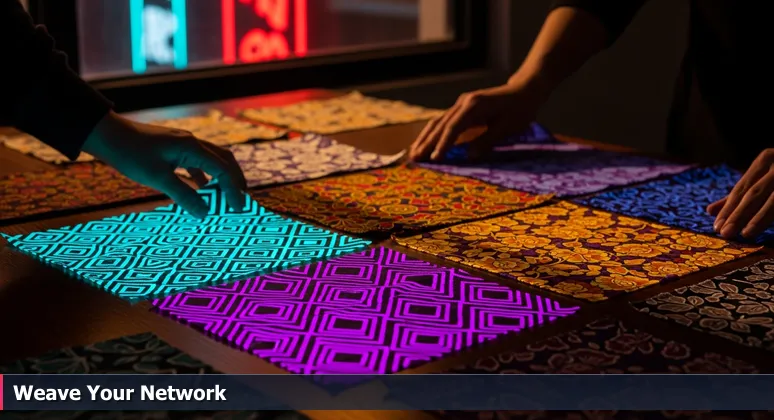 Close-up of hands arranging diverse, patterned fabric squares on a wooden table, symbolizing the assembly of Nashville's women-in-tech community.