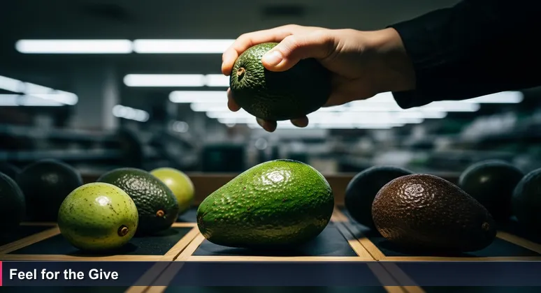 A hand gently squeezing an avocado in a grocery aisle, symbolizing the search for true value in Victorville's tech job offers.