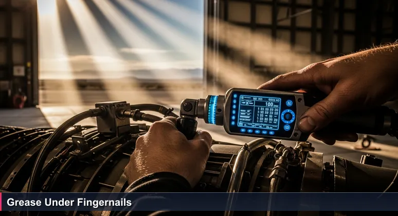A mechanic in Victorville uses a digital torque wrench on a jet engine inside a hangar, with the Mojave Desert visible in the background, representing hands-on tech work in aerospace.