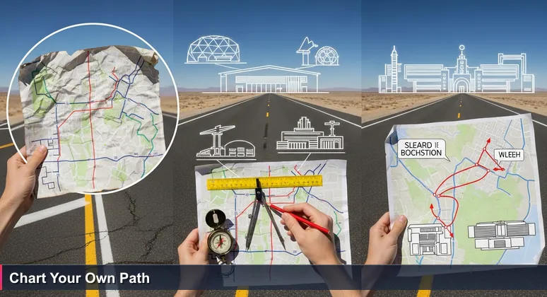A person at a desert crossroads in Victorville holding a generic AI roadmap, with specific tech landmarks like Amazon and Northrop Grumman in the distance.