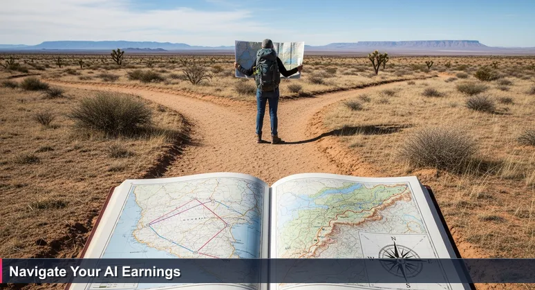 A hiker at a desert trail fork in Victorville's High Desert, comparing a simple salary distance map to a detailed topographic compensation map.