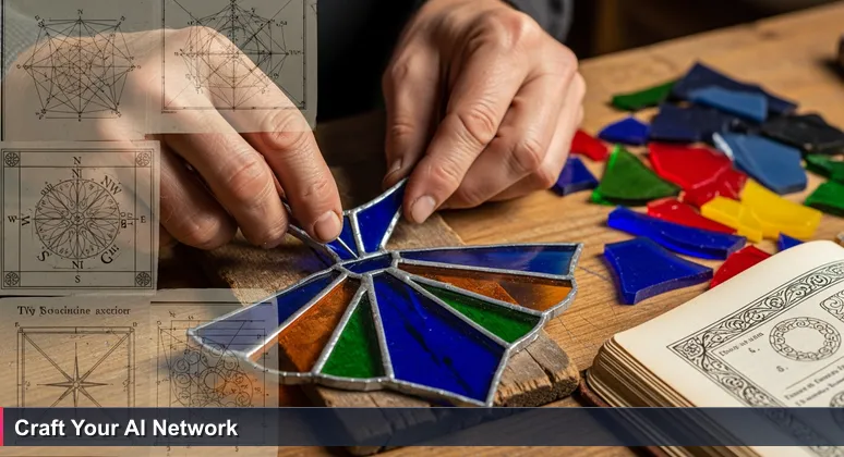 Artisan's hands assembling stained glass shards on a wooden bench in Victorville, symbolizing the construction of AI networking opportunities.